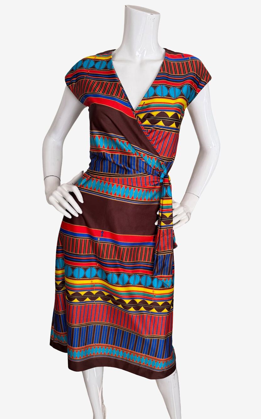 Vintage 60s 70s Malihini Hawaii Faux Wrap Dress Geometric Tiki Aloha